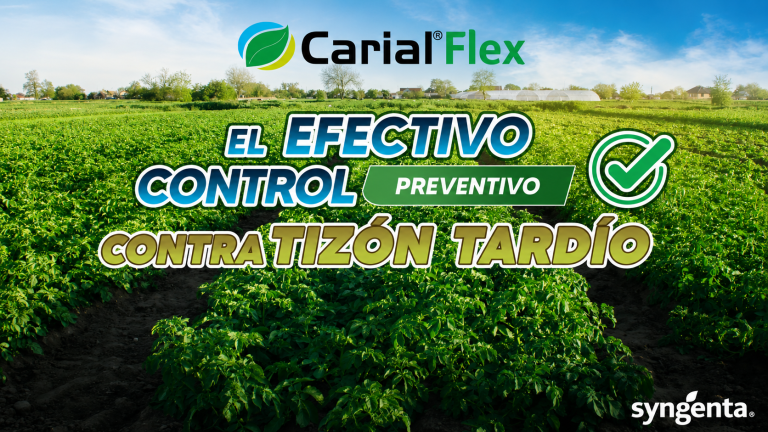 Anuncio de Carial Flex en campo verde; texto “control preventivo, controlación tardío”.